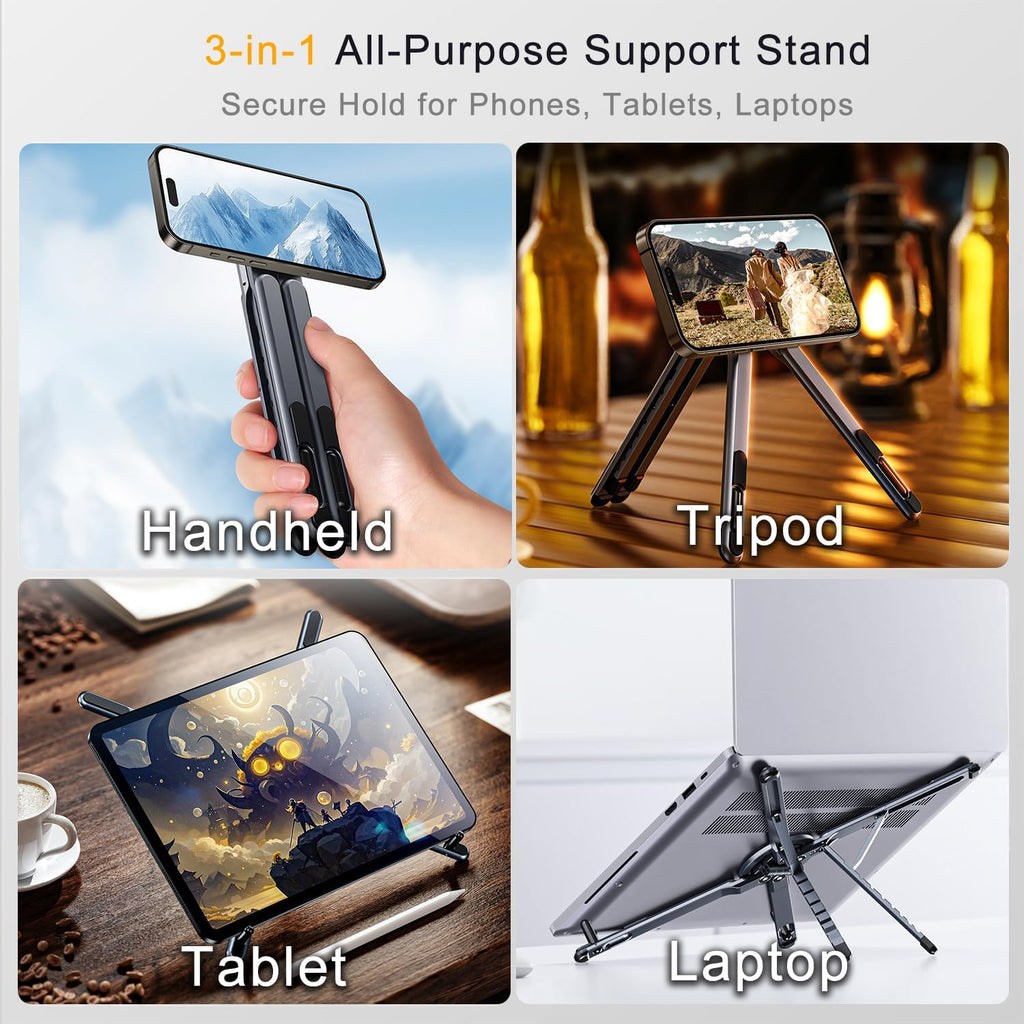 Metal Laptop Stand, 3-In-1 Magnetic Foldable Tablet Phone Holder | Pocket-Sized & Portable, Adjustable Laptop Riser for Desk, N55 Powerful Magnets, Ergonomic View Mount for Home Office, Travel